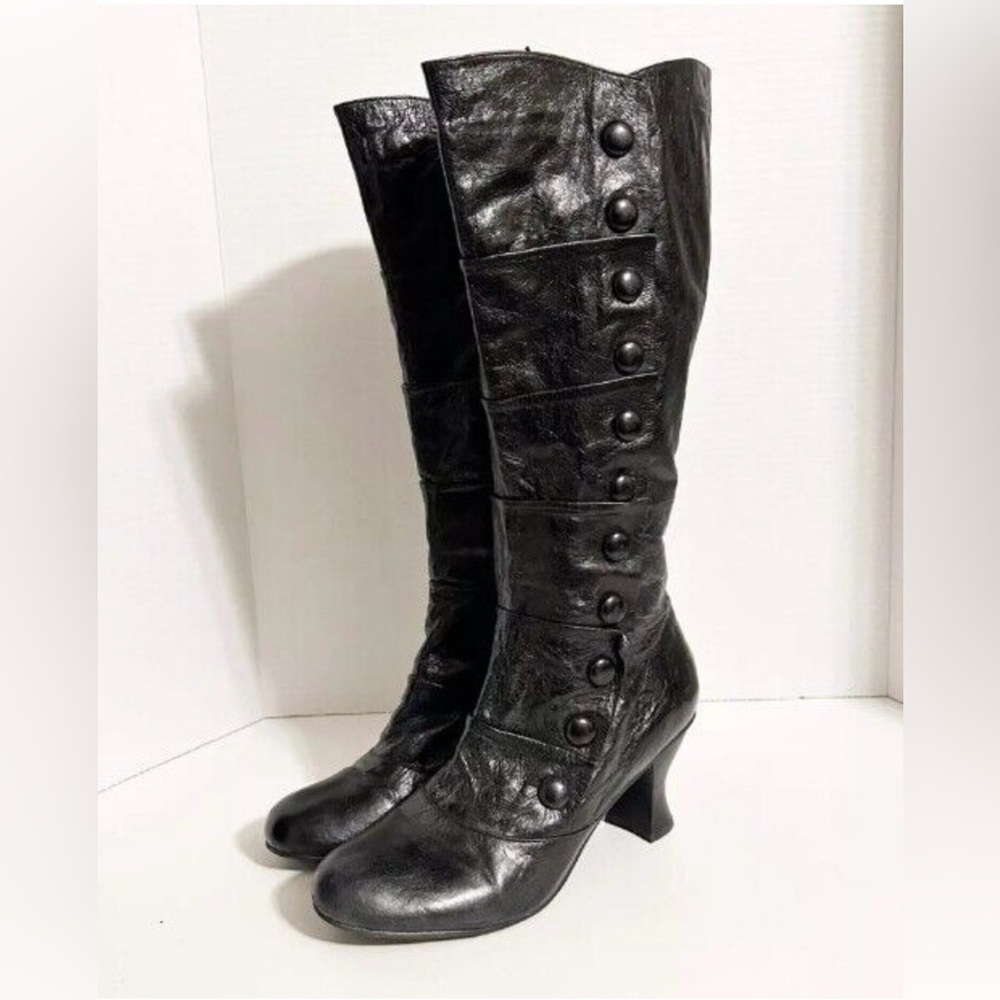 Miz Mooz Black Leather Button-Accent Knee Boots
